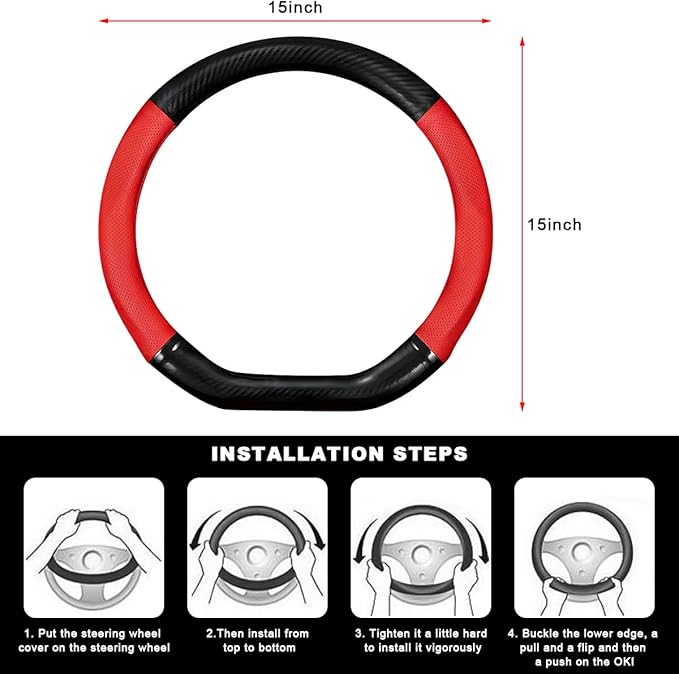 Car Breathable Steering Wheel Cover, Carbon Fiber Wear-Resistant D Shape Steering Wheel Protector for Comfy Grip, Universal Non-Slip Leather Wheel Sleeve for Most Car SUV Truck (Red)