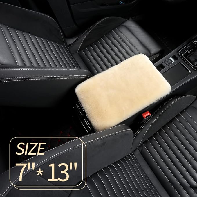 Sheepskin Armrest Cover Auto Center Armrest Cover Car Soft Console Pad, Fluffy Wool Auto Center Console Cover for Most Car Arm Rest Decoration Protector 7 x 13 Inch (Shearling, Pearl)