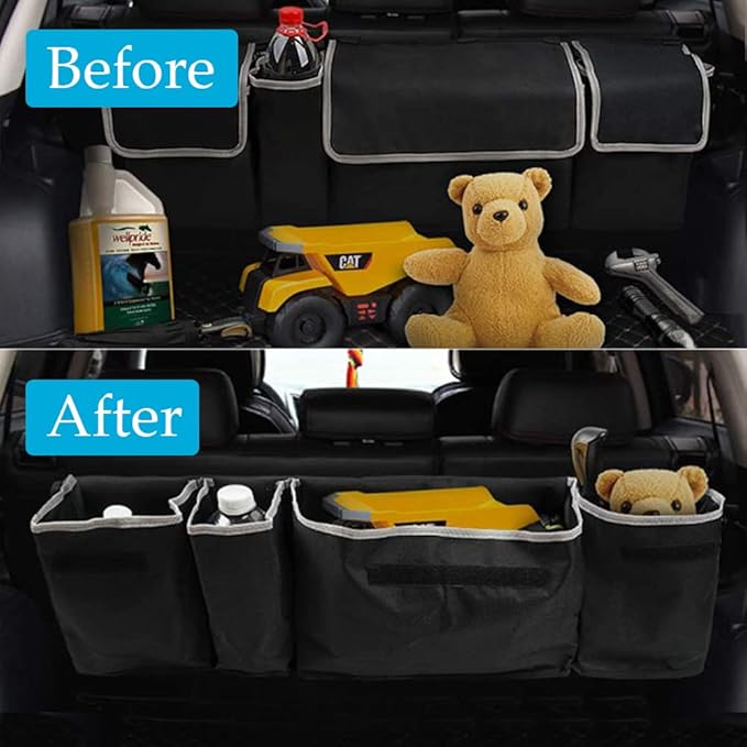 Tianle Backseat Trunk Organizer for Car - Durable Trunk Hanging Storage Bag with 4 Large Storage Pocket & 3 Adjustable Buckles Space Saving Expert (Black A)