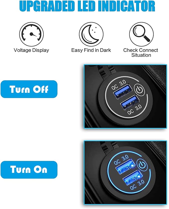 [2 Pack] 12V/24V USB Outlet with Three Extra Panels, Quick Charge 3.0 Dual USB Power Outlet with Touch Switch, Waterproof 12V/24V Fast Charge USB Charger Socket DIY Kit for Car Boat Marine, etc