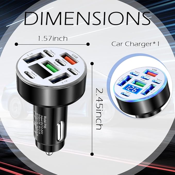 8 Port Type-C & USB Car Charger Adapter with 25W Fast Charging,12/24V Car Cigarette Lighter USB Charger with Voltage Display & Flexible Light,Upgraded Fast Cars Chargers