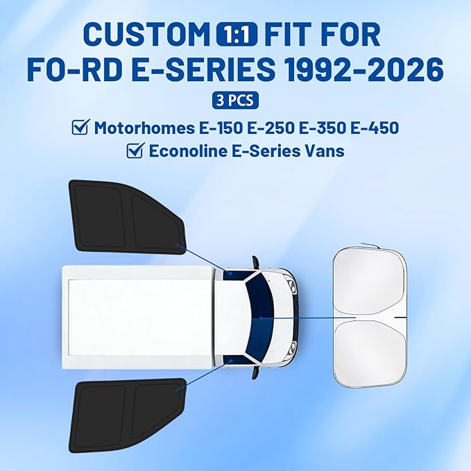 for Fo-rd E-Series 1992-2026 Front Windshield & Side Window Covers, Foldable 3-Piece Window Shades Set, Custom Fit Sunshade Visor for UV Rays & Heat Block, Cargo Van Accessories