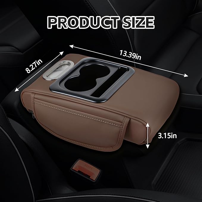 wuyaoyao Car Center Console Cover, 13.39"×8.27"×3.15" Leather Car Armrest Cover with Pocket & Tissue Box & Cup Holder, Multifunctional Auto Armrest Cushion Pad, Universal Car Accessories (Brown)
