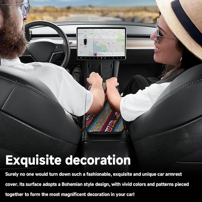 Bohemian Universal Armrest Cover Pad, Car Center Console Cushion, Boho Ethnic Style Auto Armrest Decorative Pad with Elastic Straps, Car Arm Rest Cover Protector for Vehicles (Armrest Cover-C)