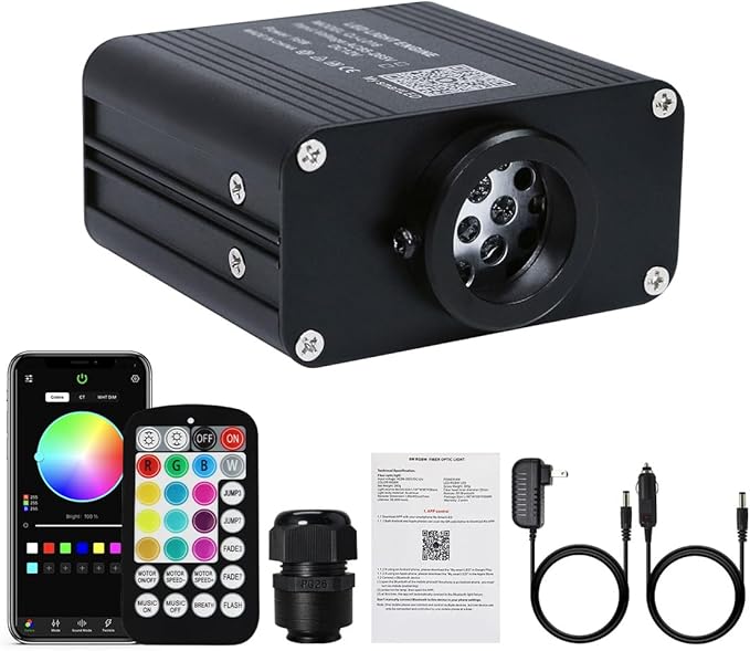 AKEPO Car/Home Small Size 16W Twinkle Fiber Optic Light Engine, RGBW Bluetooth APP Control + Music Activated + 28-Key Remote Control for Car Home Star Headliner