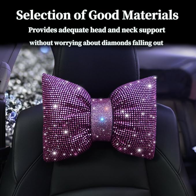Car Pillow Headrest Auto Seat Headrest Cushion with Bow Tie Sparkly Bling Bling Rhinestone Accessories for Women Girls and Ladies Travel Comfort Head and Neck Rest Pink 2Pcs