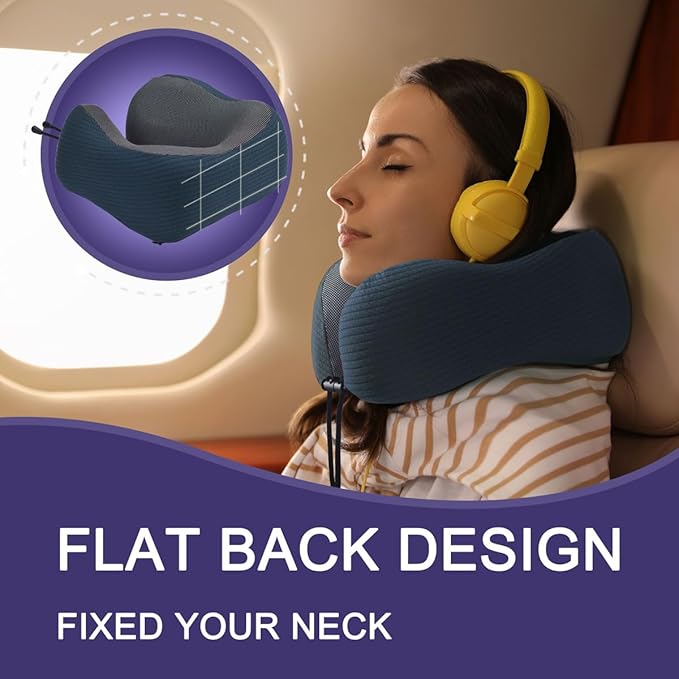 napfun Neck Pillow for Traveling, Upgraded Travel Neck Pillow for Airplane 100% Pure Memory Foam Travel Pillow for Flight Headrest Sleep, Portable Plane Accessories, Deep Blue Striped Kit
