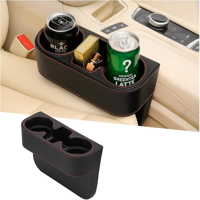 Car Seat Gap Filler Organizer with Cup Holder, Leather Multifunctional Vehicle Front Seat Crevice Storage Box Bag, Automotive Console Side Bucket Pocket, Universal Fit (Black)