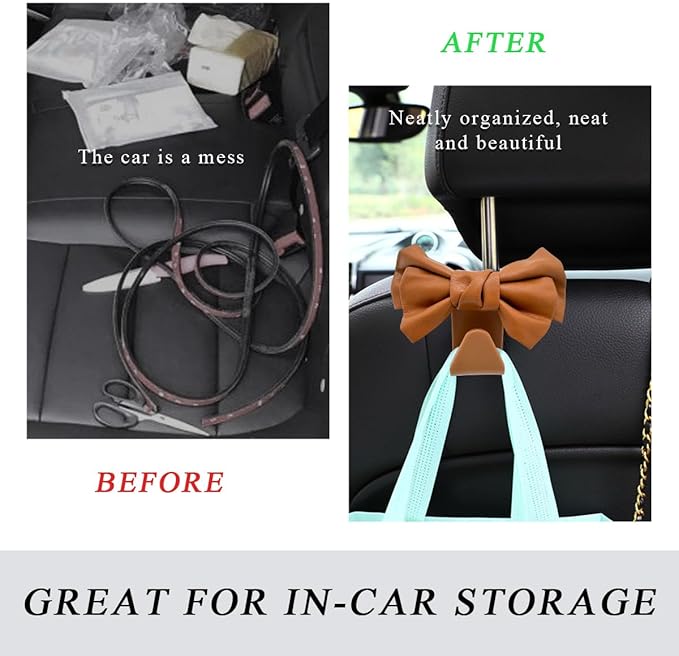 2 PCS Car Seat Headrest Hooks, Cute Bow Shaped Vehicle Backseat Storage Hooks, Leather Bow Shaped Sturdy Car Seat Back Hooks for Purses/Coats/Umbrellas, Car Accessories (Brown)