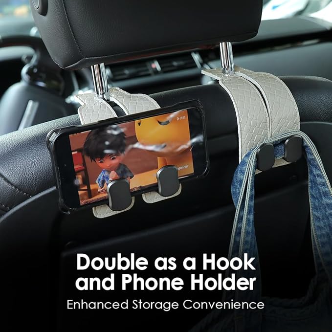 KINIVA Car Seat Headrest Storage Hooks, Set of 2, Suede PU Leather, Double Hooks (07-Grey)