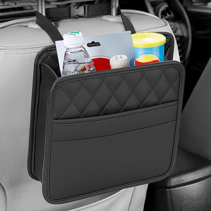 Car Seat Back Organizer, Foldable Leather Vehicle Backseat Storage Bag, Multifunctional Automotive Interior Hanging Pocket Accessories, Universal Fit (Black)