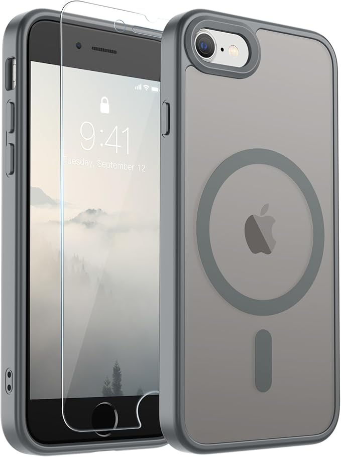 SUPFINE Magnetic for iPhone SE Case 2022 (3rd)/2020 (2nd), iPhone 8 Case with Screen Protector (Compatible with MagSafe) (Military Grade Drop Protection) Translucent Matte Phone Case,Gray