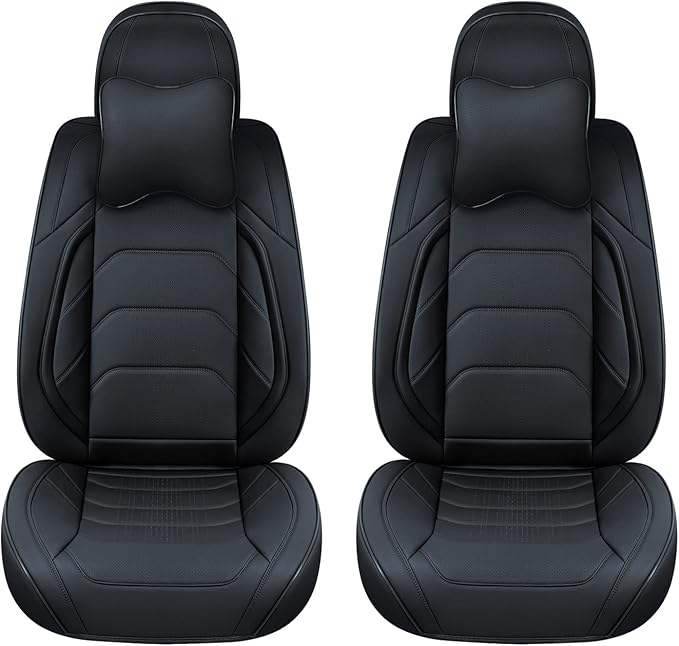 Black Car Seat Covers Front Pair, Breathable Leather Automotive Front Seat Covers & Headrest for Comfortable Driving, Universal Auto Interior Fit for Most Kinds of Vehicles, SUV, Sedans