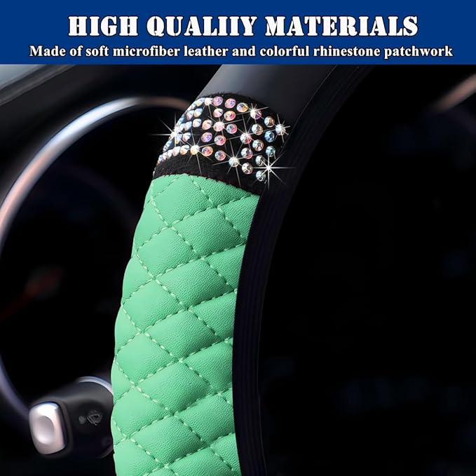Soft Leather Car Steering Wheel Cover, Universal 15 Inch Colorful Rhinestones Anti-Slip Elastic Steering Wheel Covers for Most Cars, Sparkly Crystal Diamond for Women Girls (Green)