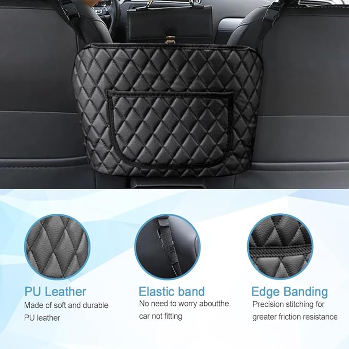 Car Net Pocket Handbag Holder, Large Capacity Leather Organizers and Storage Purse Holder for Car Between Seats, Universal Automotive Consoles & Backseat Organizer for Most Cars