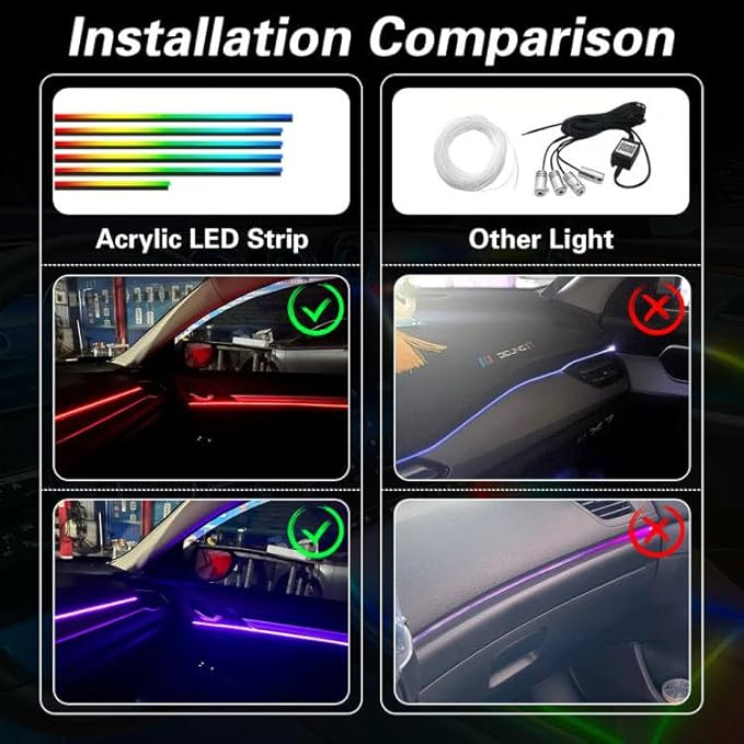 Acrylic Interior Car LED Lights with Remote and Wireless APP, Ambient Lighting Kits Fiber Optic Strip LEDs,16 Million Colors Music&DIY Function (8 in 1)