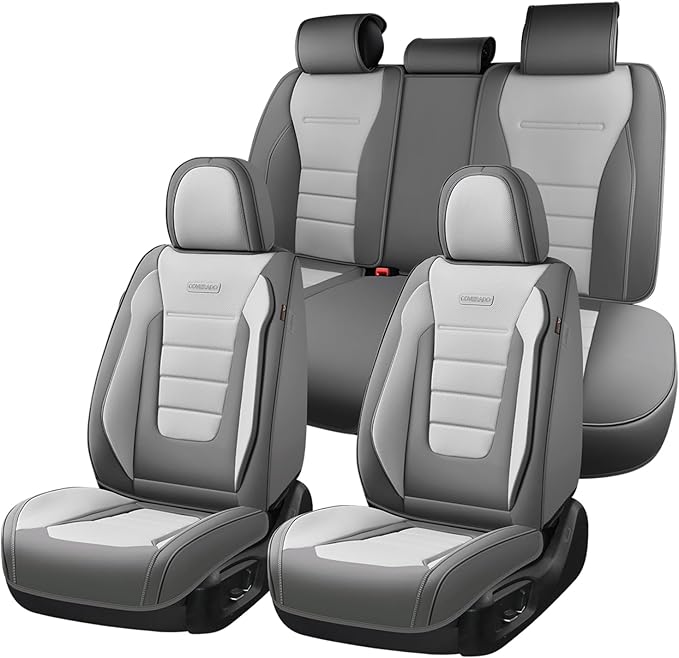 Coverado Car Seat Covers Full Set, Nappa Leather Seat Covers for Cars, Car Seat Protector Car Seat Cushion, Front and Back Seat Protectors Cushions Universal Fit for Most Cars (Gray&Light Gray)