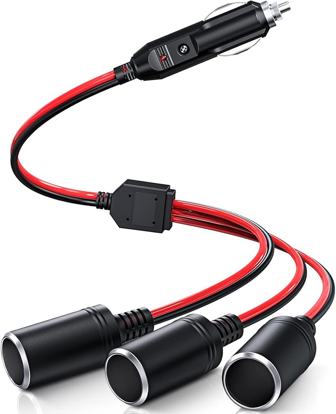 ELECTOP 1 to 3 Car Cigarette Lighter Socket Splitter Adapter Power Charger Port, 12V 24V Car Power Splitter 3-Way Plug Outlet Adapter, 12inch Cigarette Lighter Extension Cord Cable 16AWG with 15A Fuse