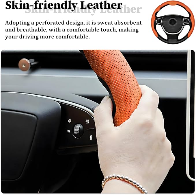 3PCS Car Steering Wheel Cover, Nappa Leather Breathable Non-Slip Segmented Steering Wheel Protector, Snap-on Auto Interior Decoration Accessories, Universal Fit (Orange)