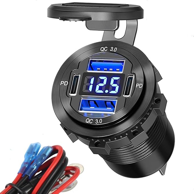 12V USB Outlet 78W Metal Car Charger Socket Dual 30W PD Dual 18W QC3.0 with Voltmeter Aluminum 12V Power Outlet Car USB Port Adapter for Car Truck Golf RV Marine