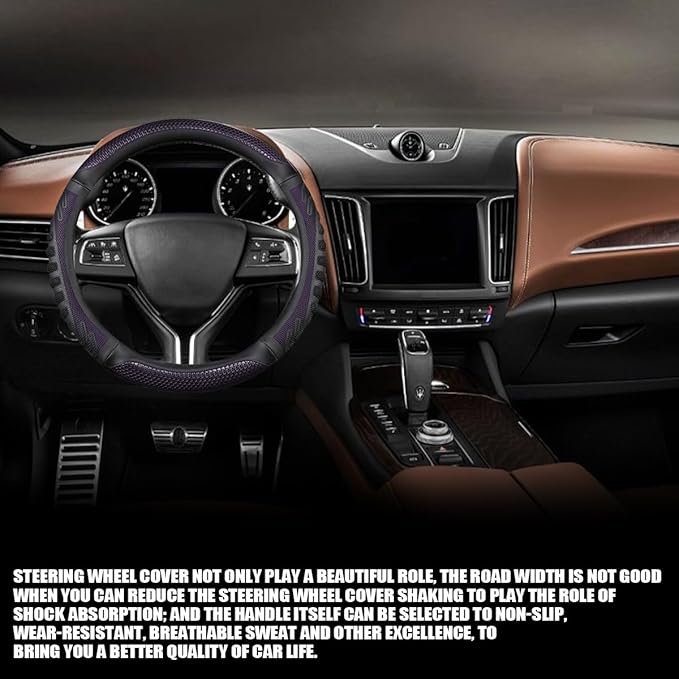 Car Steering Wheel Cover, Anti-Slip Leather Breathable Comfortable Automotive Steering Wheel Cover Protector Decoration for Men and Women, 15 Inch Universal for SUV, Truck, RV（Purple）