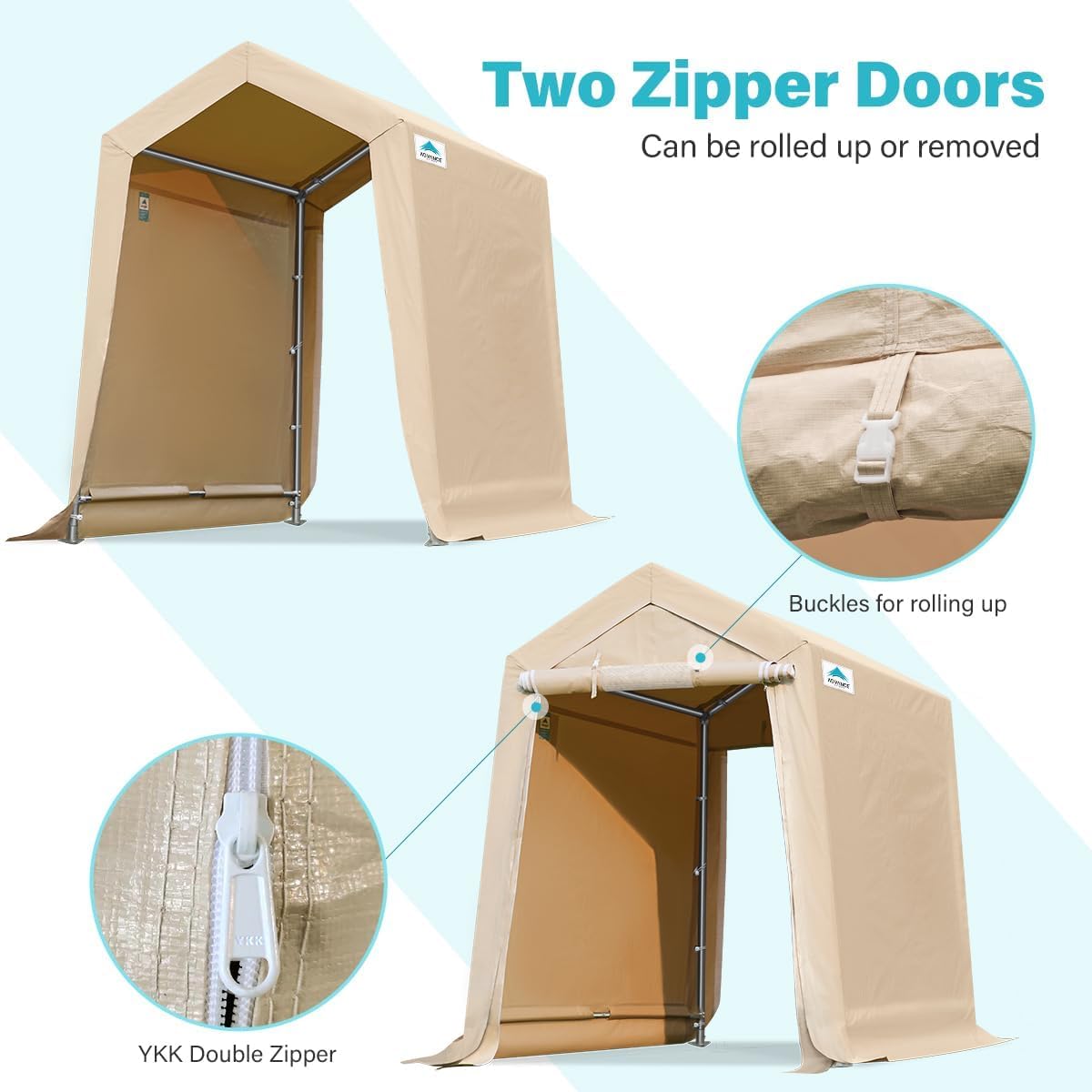 ADVANCE OUTDOOR 6x8 ft Outdoor Portable Storage Shelter Shed with 2 Roll up Zipper Doors & Vents Carport for Motorcycle Waterproof and UV Resistant Portable Garage Kit Tent, Beige