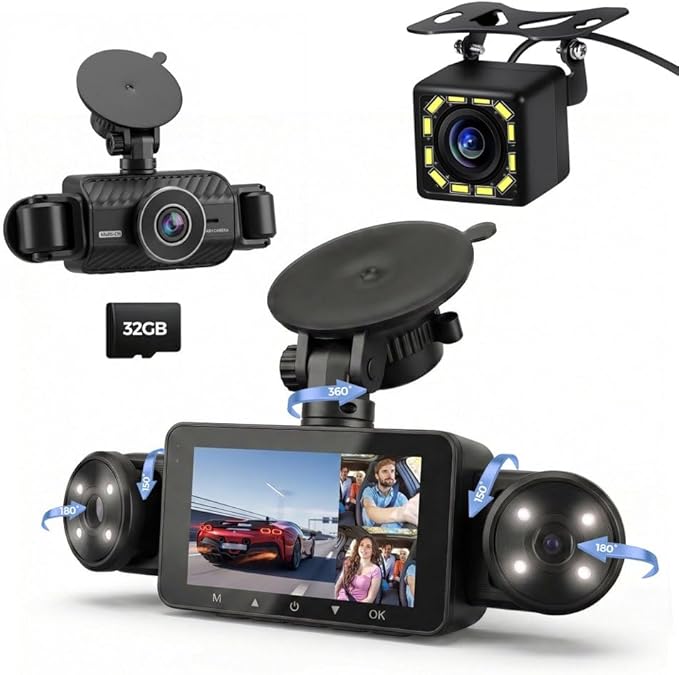 4 Channel Dash Cam 360° View, Include Front & Rear Left Right Camera Support 4 Way Recording, 32GB Card, 3” IPS Screen/Night Vision/WDR/24H Parking/G-Sensor（2G/4G/8G / 3 Split Screen (4 Channel)