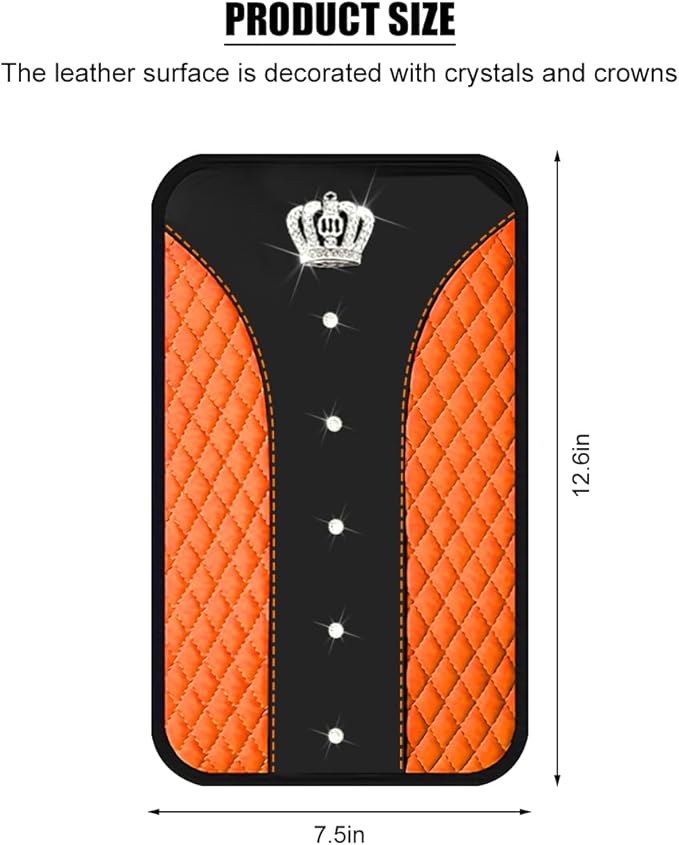 Bling Car Center Console Cover, Crown Crystal Rhinestones Vehicle Armrest Mat Protector, Anti Slip Sparkling Automotive Arm Rest Seat Box Cushion Pad Decor Accessories, Universal Fit (Orange)