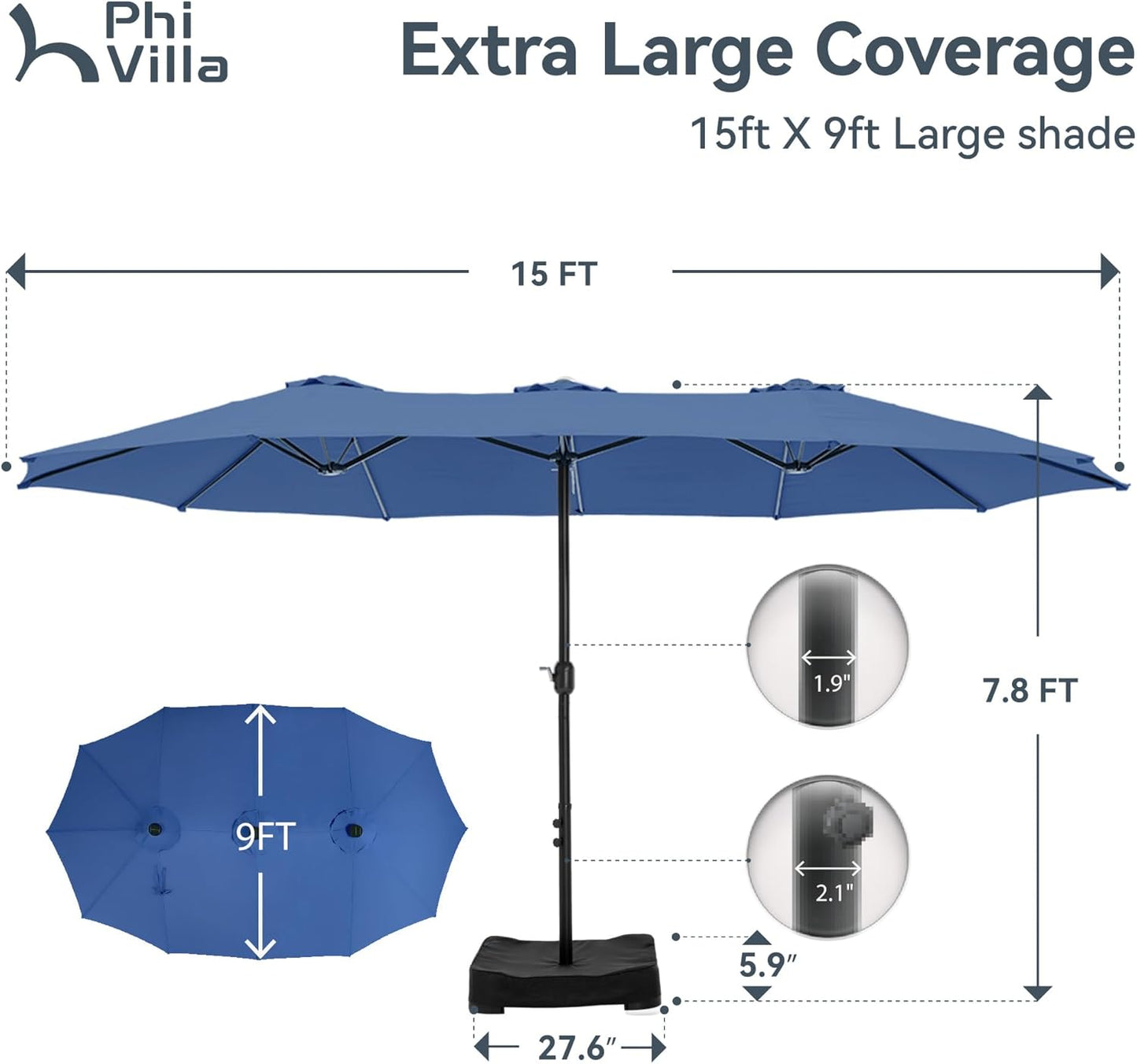 PHI VILLA 15ft Large Patio Umbrellas with Base, Outdoor Double-Sided Rectangle Market Umbrella for Pool Lawn Garden, Haze Blue
