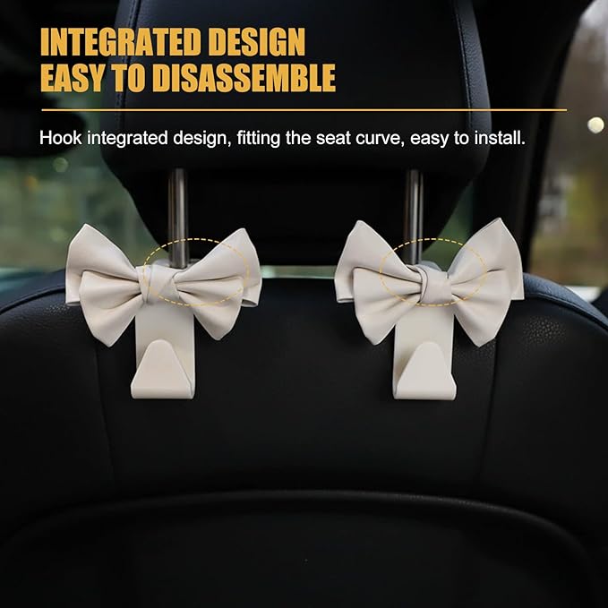 2 Pack Car Seat Headrest Hooks, Cute Bow Design Backseat Hook Storage Organizer for Purses, Handbags, Coats, Umbrellas, Cute Car Accessories for Women and Girls (White Leather)
