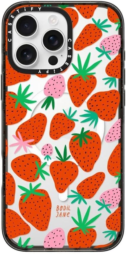 CASETiFY Impact Case for iPhone 16 Pro Max [Slim / 8.2 ft. 4X Military Grade Drop Protection/Compatible with Magsafe] - Strawberries - Clear Black