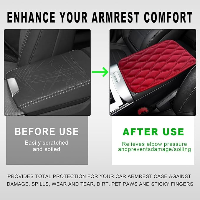 Car Center Console Cushion Pad, 12.48×7.40 Inches Waterproof Car Armrest Seat Box Cover, Comfortable PU Leather Vehicle Armrest Cover Protector, Car Decor Interior Accessories (Red＋Black)