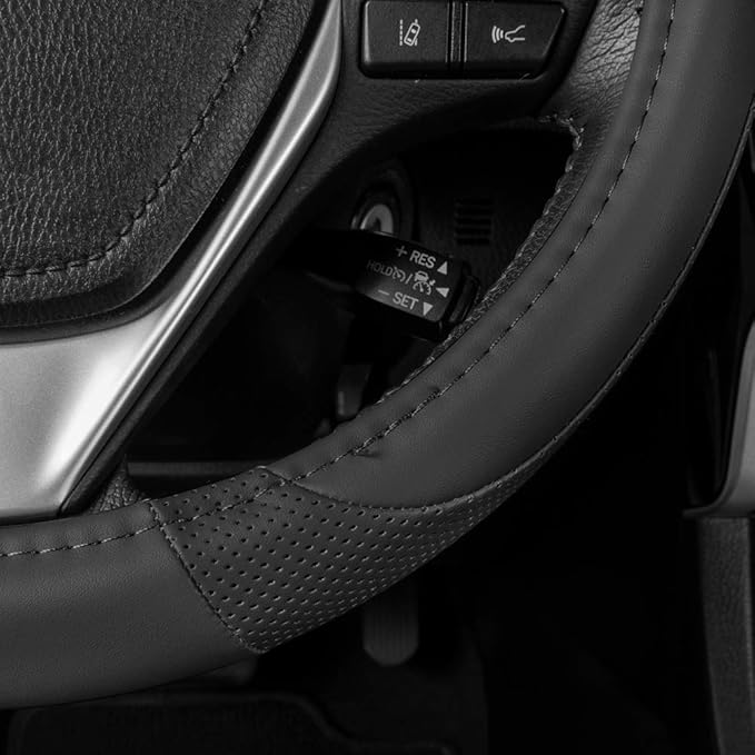 Motor Trend Perforated Microfiber Leather Steering Wheel Cover for Cars Trucks SUVs Vans, Sporty Racing Improved Grip Anti-Fatigue Ergonomic Design, Airbag Compatible - Fits Standard 15" Inch - Black