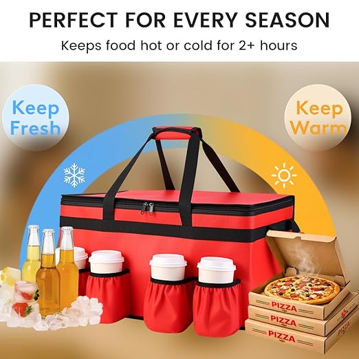 CIVJET Insulated Food Delivery Bag with 4 Cup Holder and Bottom Support, XX-Large Insulated Grocery Bags Keep Food Hot/Cold, Cooler Bags with Drink Carrier, Food Carrier Catering Bag for Events, Red