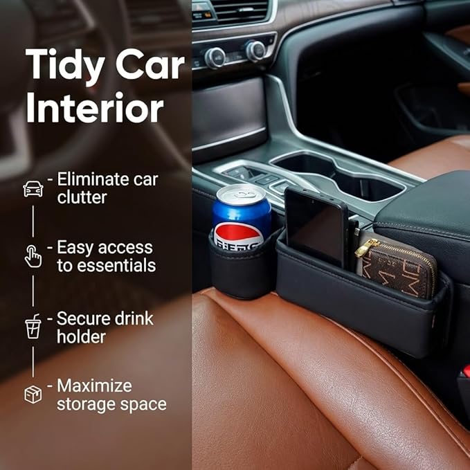 2-Pack Car Seat Gap Filler Organizer with Cup Holder - Premium Leather - Universal Fit - Keeps Cans/Phone/Keys/Wallets Organized