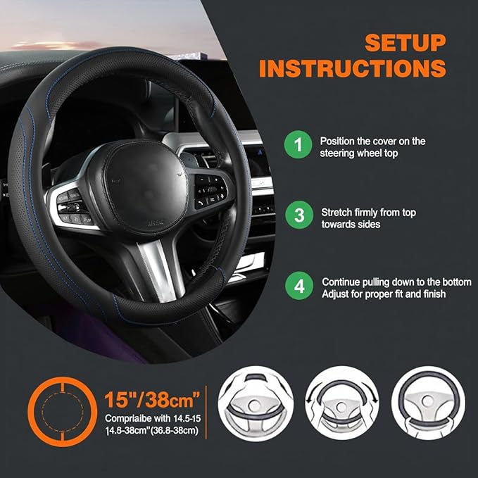HZEL Car Steering Wheel Cover, 15 Inch Leather Comfortable Vehicle Steering Wheel Protector with Inner Rring, Anti-Slip Automotive Interior Accessories, Universal for SUV RV Truck (Black/Blue)