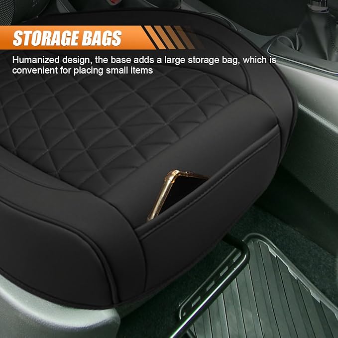 Luxury Faux Leather Car Seat Cover, Anti-Slip Waterproof Universal Front Bottom Seat Protector with Storage Pocket, Triangular Pattern Vehicle Seats Cushion for Sedans, SUVs, Trucks (2PCS&Black)