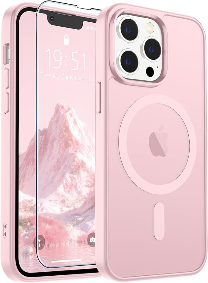 SUPFINE Magnetic for iPhone 13 Pro Case with Screen Protector (Compatible with MagSafe) (Military Grade Drop Protection) Translucent Matte Shockproof Phone Cover,Light Pink