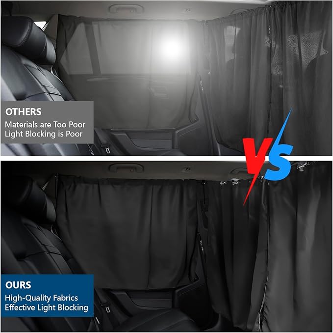 3PCS Car Privacy Curtains, Auto Window Shades Kit with 2 Rear Side Window Shades, 98% Light Blocking Divider Curtain, Privacy Window Cover, Baby Shade for Sleeping, Car Camping Essentials (3PCS)