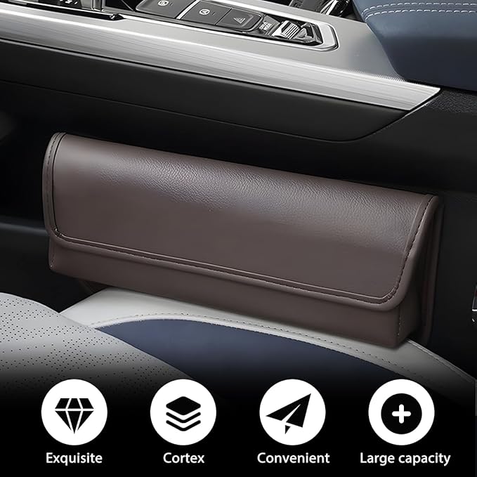 Car Seat Gap Filler Organizer, Leather Vehicle Side Seat Gap Storage Box with Lid for Phone Key Card, L-Capacity Auto Interior Organization, Universal for SUV Sedan Truck (Brown)