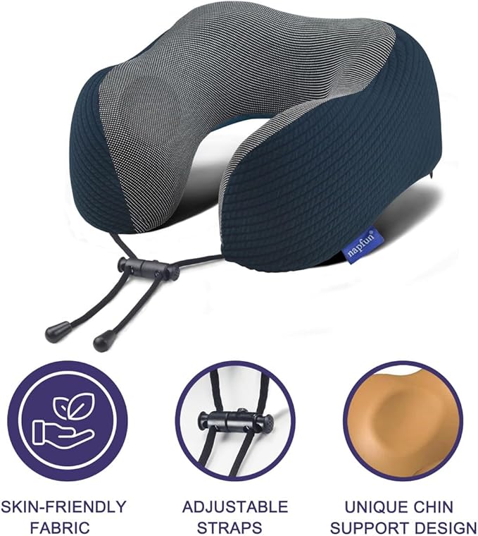 napfun Neck Pillow for Traveling, Upgraded Travel Neck Pillow for Airplane 100% Pure Memory Foam Travel Pillow for Flight Headrest Sleep, Portable Plane Accessories, Deep Blue Striped Kit