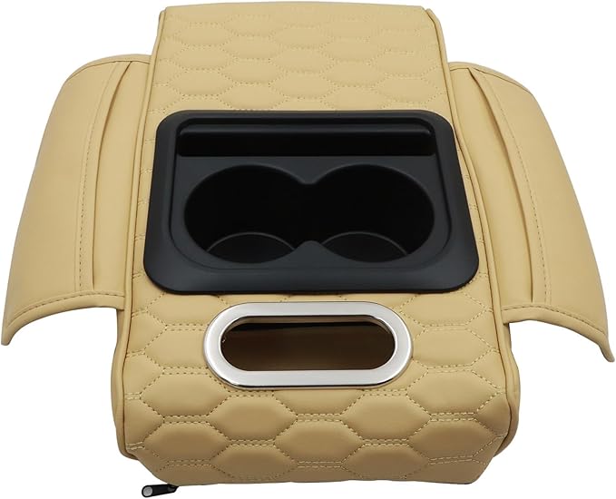 Priprilod Beige Car Center Console Armrest Pillow, Memory Foam with Cup Holder and Cell Phone Holder, Multifunctional Car Center Console Organizer, Universal Fit for Most Car Interior Accessories