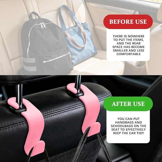 4PCS Car Seat Headrest Hooks, Purse Hook for Car, Auto Back Seat Organizer Storage Hanger Holder, Auto Accessories Multi-Use Portable Headrest Organizer Holder for Purse Handbag Coats (Pink)