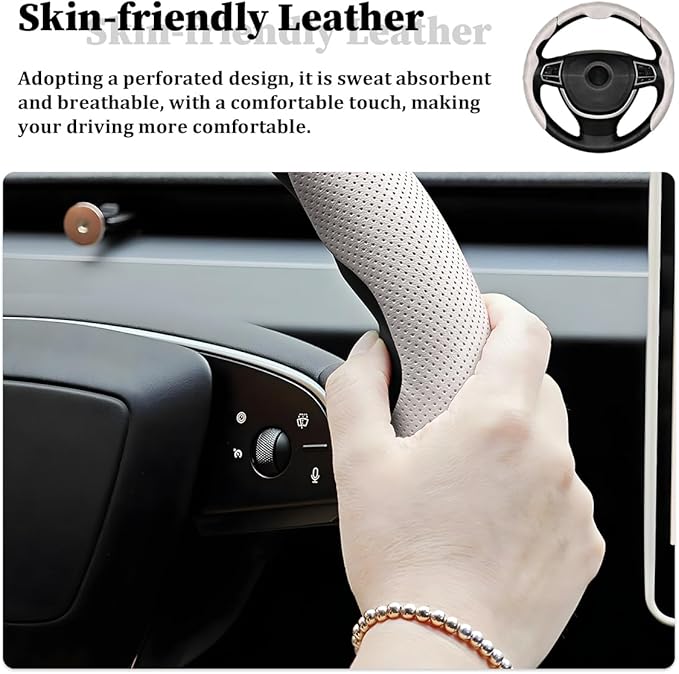 3PCS Car Steering Wheel Cover, Nappa Leather Breathable Non-Slip Segmented Steering Wheel Protector, Snap-on Auto Interior Decoration Accessories, Universal Fit (White)