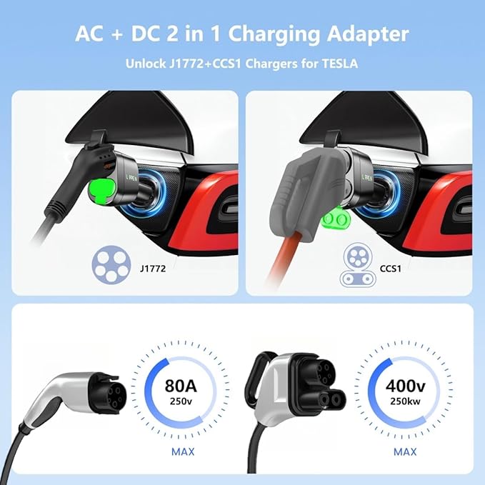 CCS & J1772 to Tesla Adapter for Model 3/S/X/Y/Cybertrunk,AC+ DC 2 in 1 Adapter to Tesla NACS Battery Charger Accessories, Fast Charging for Level 1 2 3 Charging Station with CCS1 & J1772 Plug