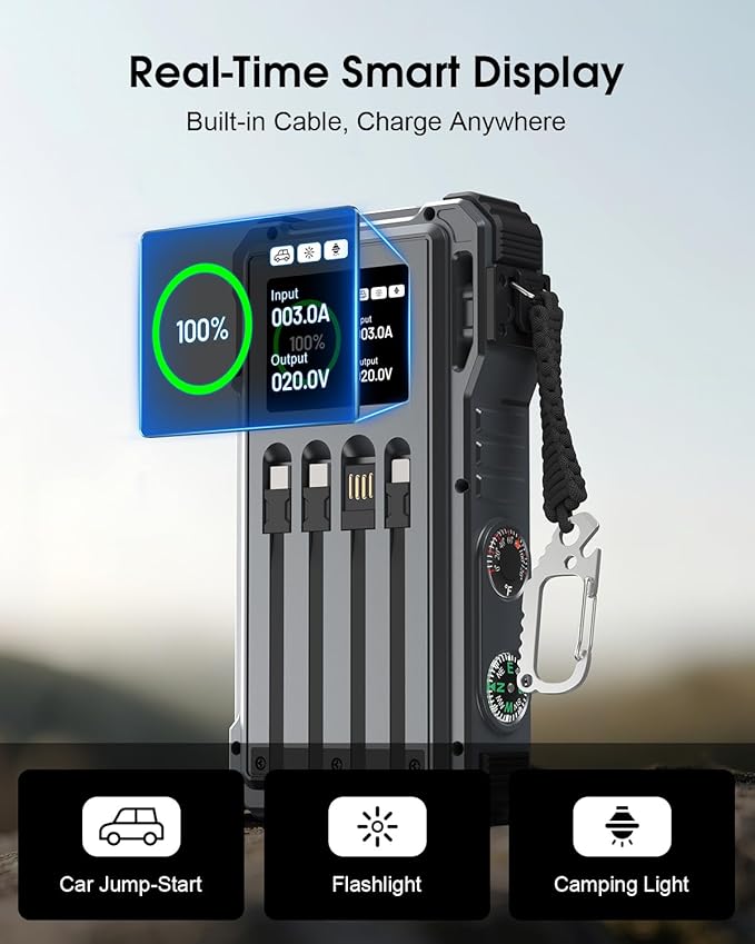 Solar Jump Starter 44400 mWH, 45W Fast Charging with 4 Built-in Cables & Car Battery Jumper Starter Portable, 12V Battery Booster Pack with Smart Display,Gift for Men, Gray