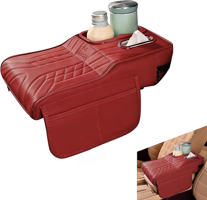 Car Center Console Booster Cover, Multifunctional Car Interior Arm Rest Box Storage Cushion with Cup Holder, Tissue Box, Side Pockets, Leather Memory Foam Armrest Pillow Protection (Red)