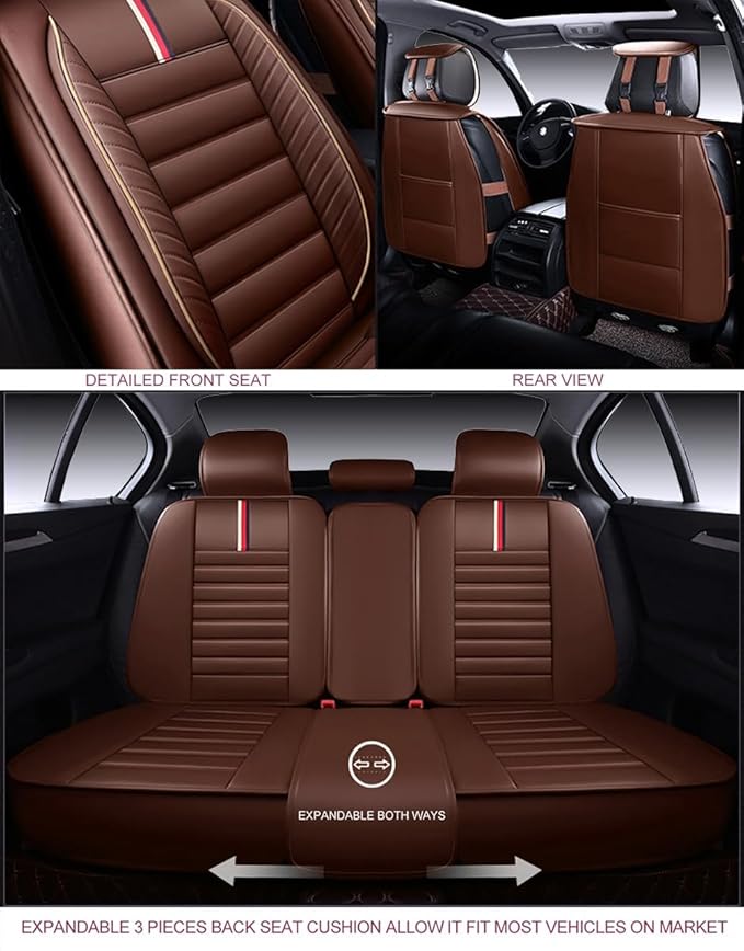 OASIS AUTO Car Seat Covers Full Set Premium Waterproof Faux Leather Cushion Universal Accessories Fit SUV Truck Sedan Automotive Vehicle Auto Interior Protector (OS-001 Brown)