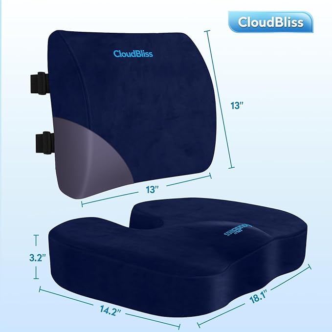 CloudBliss Lumbar Support Pillow & Seat Cushion Set for Office Chair, Desk Chair, Wheelchair & Car – Memory Foam Back Support, Ergonomic Chair Cushions, Sciatica Pain Relief, Home Essentials, Blue