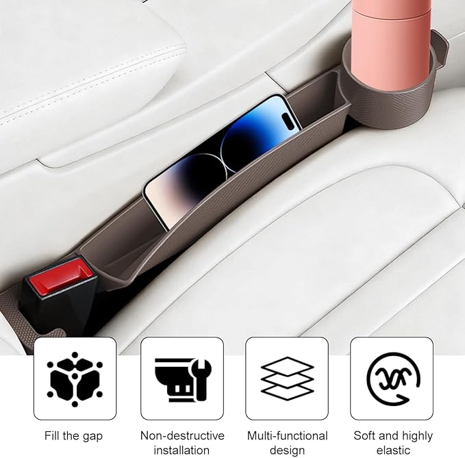 2PCS Car Seat Gap Filler, Dual Slot Carbon Fiber Vehicle Side Seat Gap Organizer Strip with Cup Holder, Auto Console Guard Spacer Stop Things from Dropping, Universal Fit (Brown)